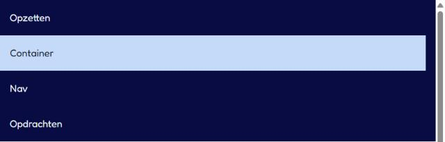 Screenshot van mijn nav: vier links onder elkaar op een donkerblauwe header, het tweede item Container heeft een lichtblauwe achtergrond